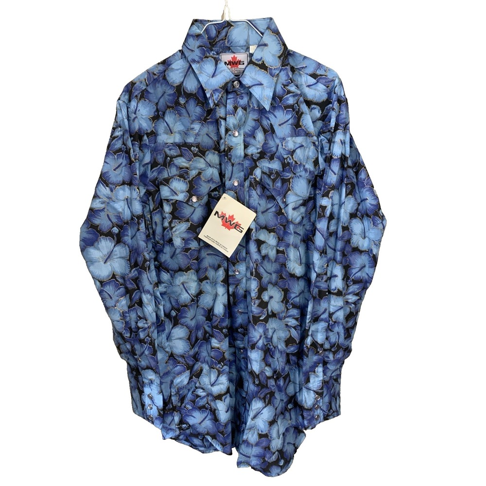 VTG NWT MWG Western Shirt Size M Blue Floral Hibiscus Pearl Snap Made in Canada